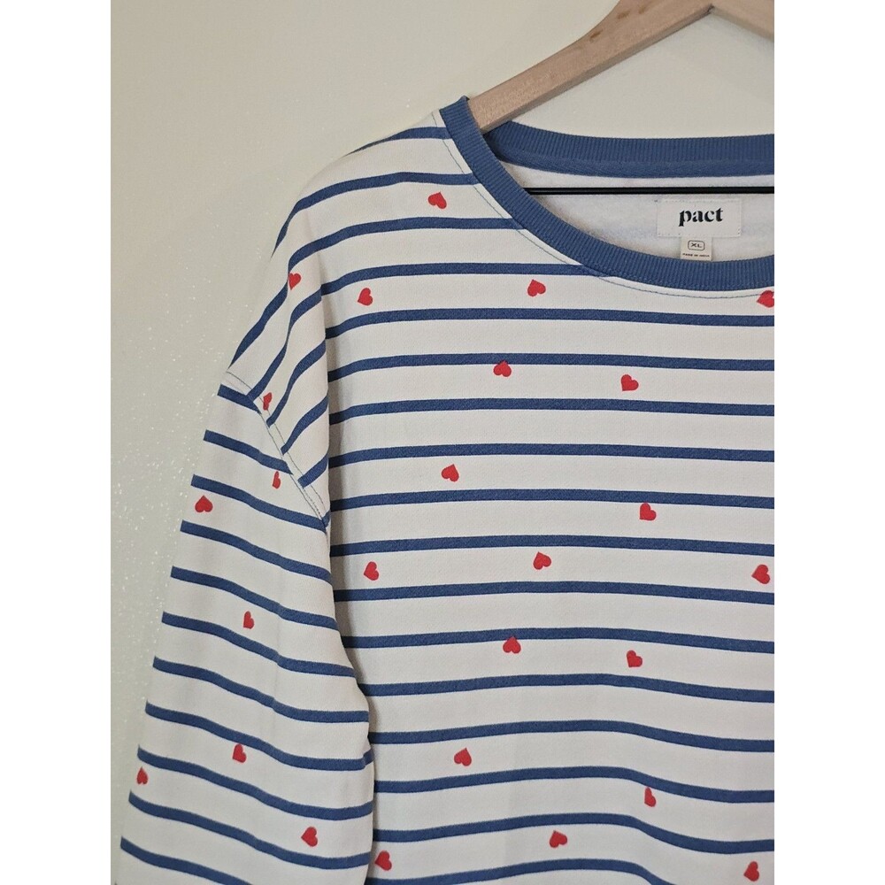 Pact Organic Cotton Heart Print Striped Sweatshirt XL Blue White Red Pullover - Picture 4 of 12